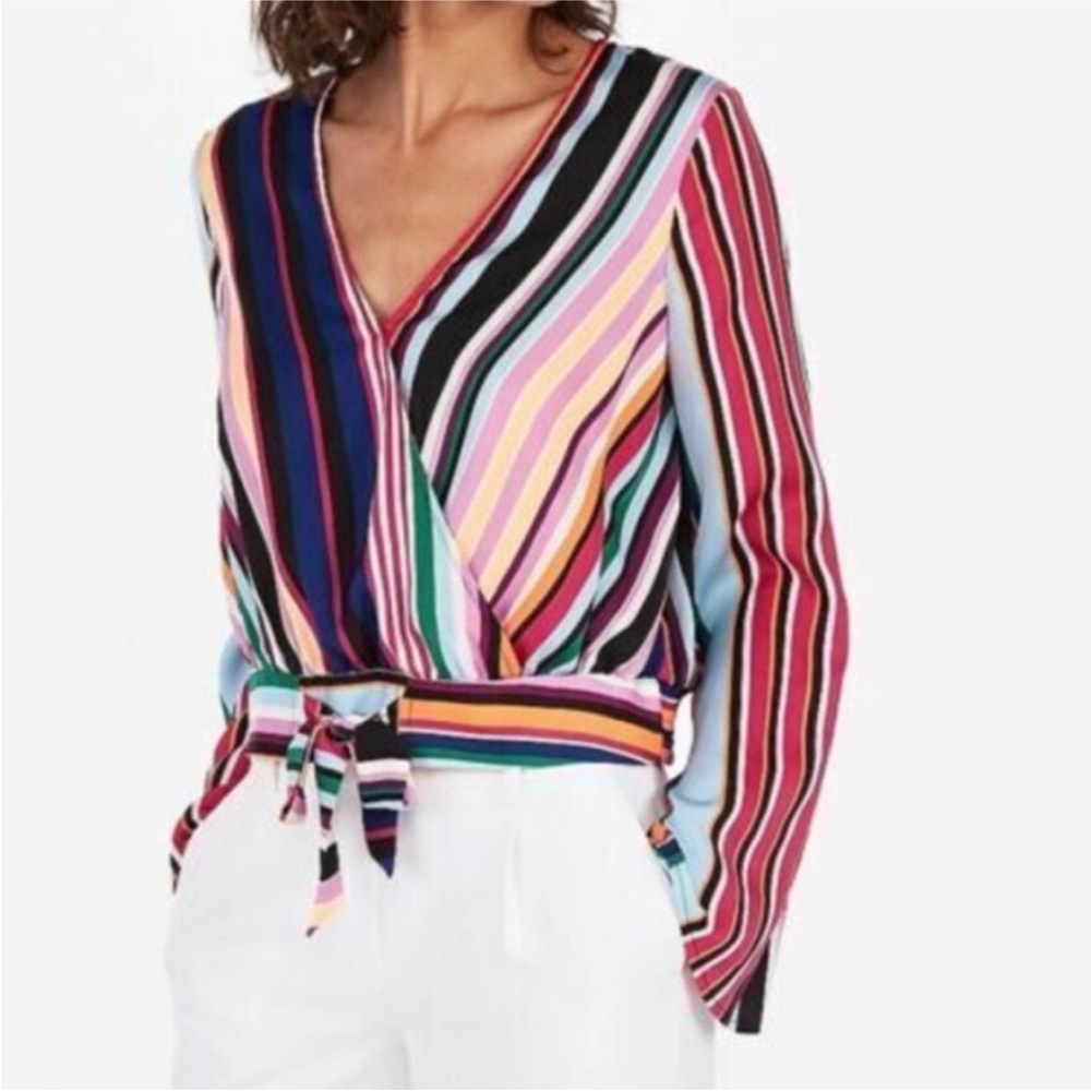 Express Colorful Striped Tie-Front Blouse